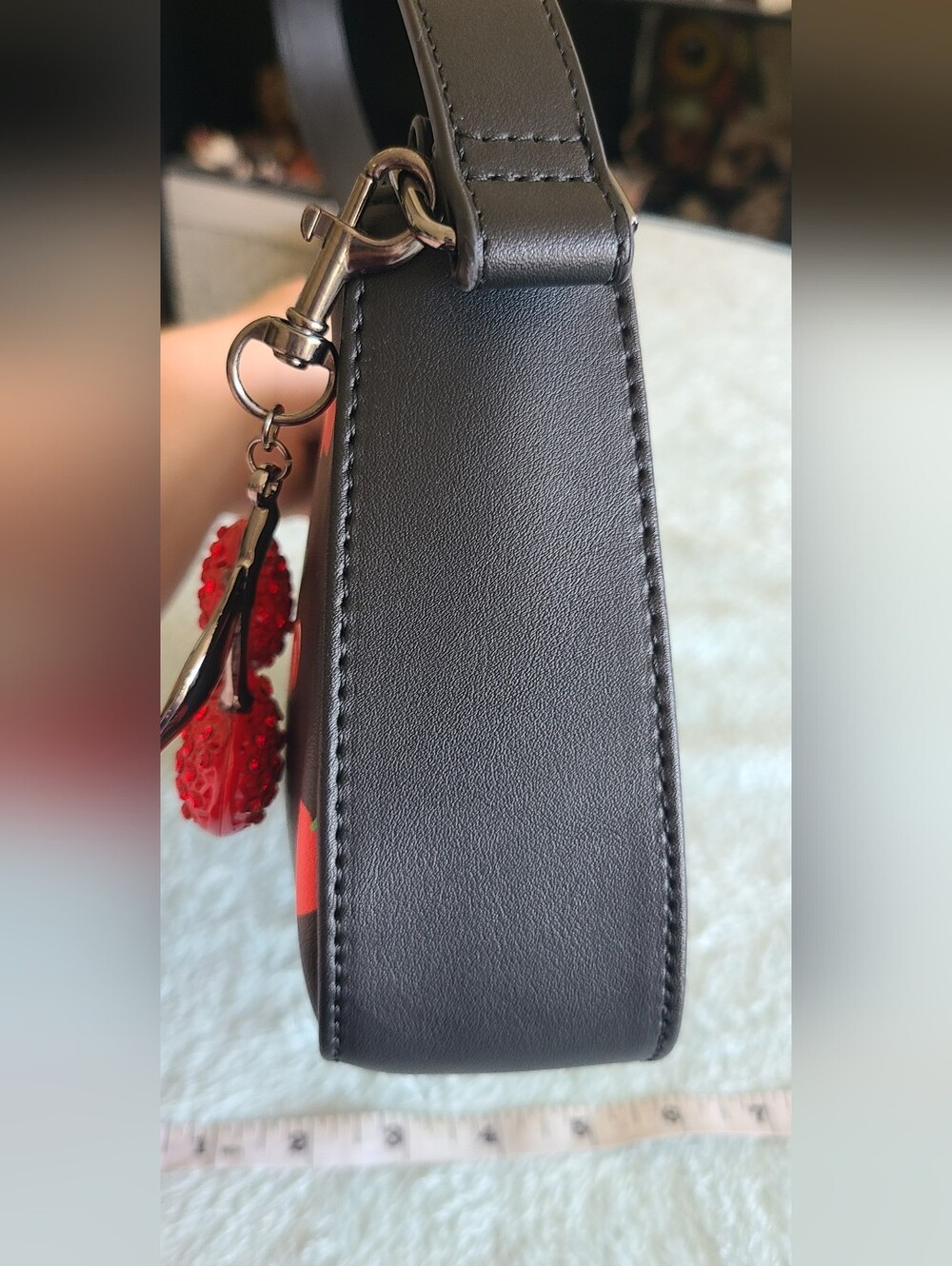Betsey Johnson Black Cherry Print Crossbody Bag with Red Charm - Picture 8 of 14
